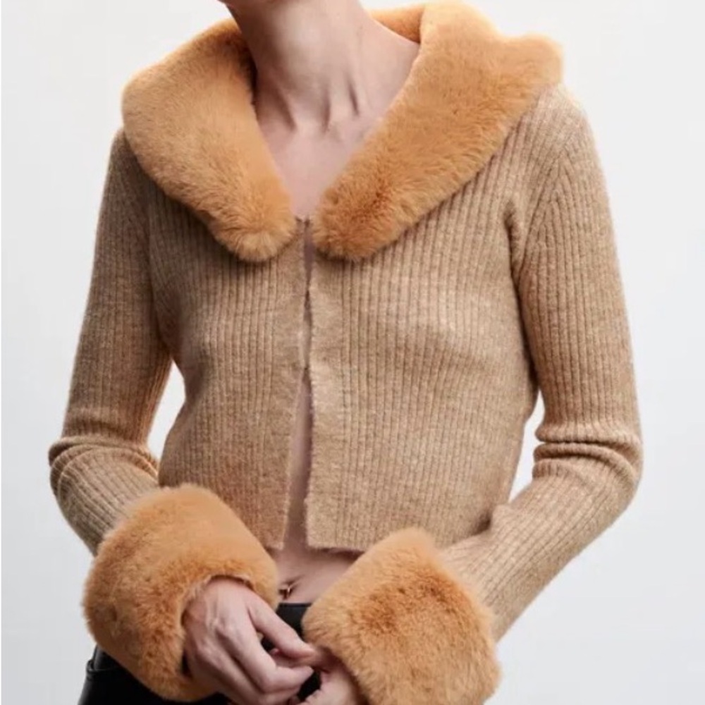 Mango x Camille Cropped Ribbed Cardigan with faux fur collar and cuffs